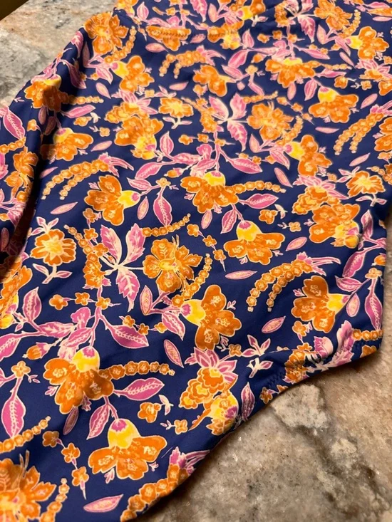 J. Crew One-Shoulder Floral Swimsuit in Navy with Orange and Pink Flowers - Picture 3 of 6